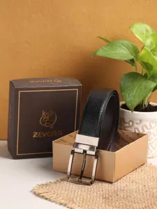ZEVORA Men Black Textured Reversible Belt