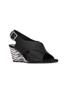 Marie Claire Black PU Party Wedge Peep Toes