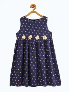 Miyo Girls Navy Blue & Gold-Toned Printed Cotton Dress