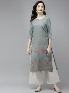 W Women Green Floral Printed Straight Kurta