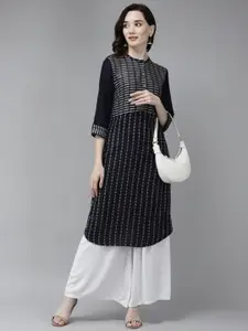 W Women Navy Blue & White Striped Woven Design A-line Kurta
