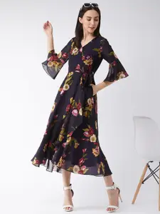 Miss Chase Navy Blue Floral Georgette Midi Dress