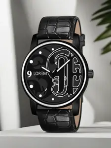 LOREM Men Black Printed Dial & Black Leather Straps Analogue Watch LR70