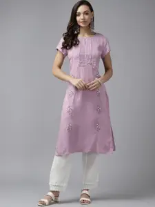 W Women Purple Embroidered Keyhole Neck Kurta