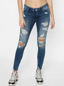 ONLY Women Blue High-Rise Highly Distressed Heavy Fade Jeans