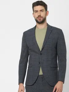 SELECTED Men Grey & Black Checked Regular-Fit Single-Breasted Formal Blazer
