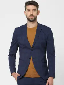 SELECTED Men Navy Blue Checked Single Breasted Blazer