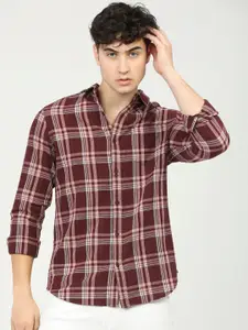HIGHLANDER Men Maroon & Beige Slim Fit Tartan Checks Opaque Cotton Casual Shirt