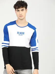 HIGHLANDER Men Blue & Black Colourblocked Slim Fit Cotton T-shirt