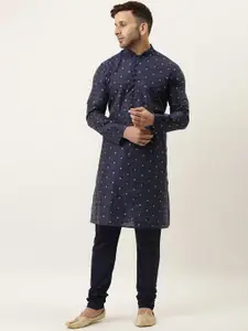 Hangup Men Navy Blue Regular Dupion Silk Kurta with Churidar