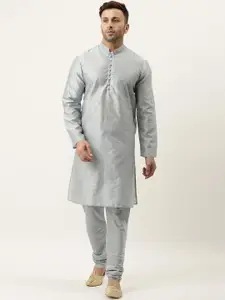 Hangup Men Grey Floral Woven Design Dupion Silk Kurta with Churidar