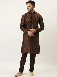 Hangup Men Brown Woven Design Regular Dupion Silk Kurta with Churidar