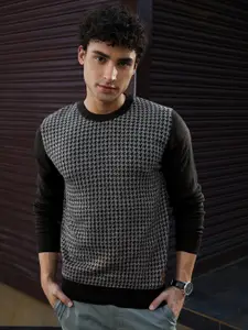 Raymond Men Black & Grey Self-Design Round-Neck Pullover Sweater
