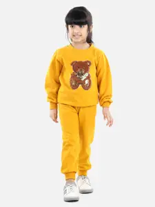 Cutiekins Girls Mustard & Brown Sequence Bear Patch T- Shirt with Trousers