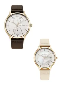 Titan Set Of 2 Beige Dial & Brown Leather Straps Analogue His & Her Watch 9400494204WL01