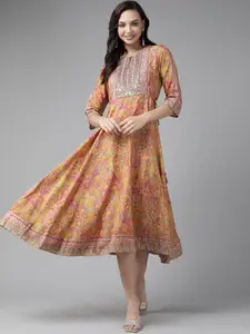 W Women Orange & Pink Printed Sequined Detail A-Line Ethnic Dress