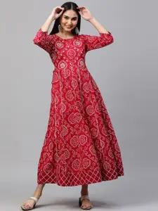 FASHOR Red & White Bandhani Printed Maxi Dress