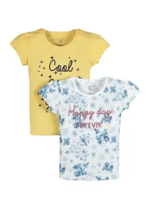 PLUM TREE Girls Yellow Typography 2 Printed Extended Sleeves Raw Edge T-shirt