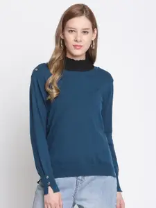Madame Women Navy Blue Solid Wool Pullover Sweater