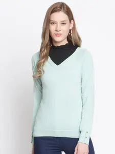 Madame Women Turquoise Blue Solid V neck Pullover