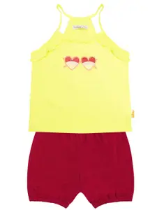 milou Girls Yellow & Maroon Printed Pure Cotton Top With Shorts