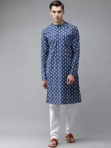 See Designs Men Blue Geometric Printed Thread Work Indigo Kurta