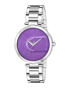 PERCLUTION ENTERPRISE Women Purple Printed Dial & Silver Toned Stainless Steel Bracelet Style Straps Watch