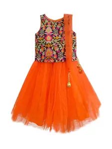 A.T.U.N. A T U N Girls Orange & Black Embroidered Ready to Wear Lehenga & Blouse With Dupatta