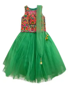 A.T.U.N. A T U N Girls Green & Orange Embroidered Ready to Wear Lehenga Choli