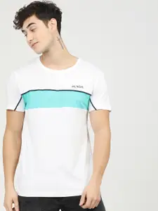 HIGHLANDER Men White & Turquoise Blue Striped Slim Fit Cotton T-shirt