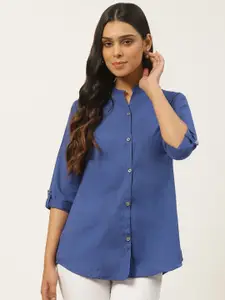 Vastraa Fusion Blue Mandarin Collar Roll-Up Sleeves Shirt Style Top