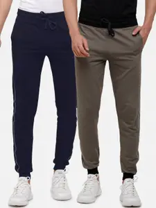 MADSTO Men Pack Of 2 Navy Blue & Olive Brown Solid Slim-Fit Pure Cotton Joggers