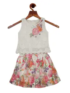 Tiny Girl Girls Pink & White Floral Printed Top With Skirt