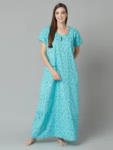 TRUNDZ Turquoise Blue Printed Maxi Nightdress