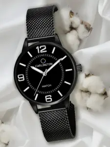 CARLINGTON Women Black Dial & Black Stainless Steel Bracelet Style Straps Analogue Watch