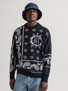 GANT Men Navy Blue & White Woollen Printed Sweater