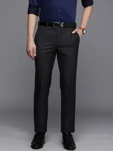 Raymond Men Navy Blue Self Design Basic Flat Front Slim Fit Formal Trousers