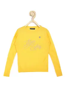 Allen Solly Junior Girls Yellow & Grey Typography Printed Acrylic Pullover Sweater