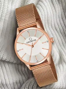 CARLINGTON Women Silver-Toned Dial & Rose Gold Toned Stainless Steel Bracelet Style Straps Analogue Watch