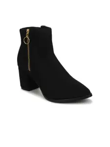 Truffle Collection Black Solid Suede Block Heeled Boots with Zipper