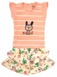 MeeMee Girls Peach-Coloured & Green Striped Pure Cotton Top with Skirt