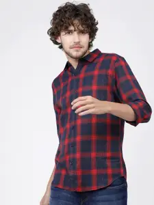 KETCH Men Navy Blue Slim Fit Tartan Checks Checked Casual Shirt