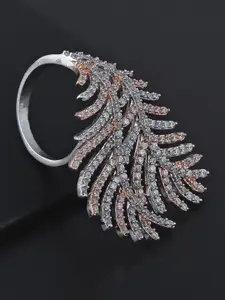 Tistabene Silver-Plated Rose Gold-Toned & White Stone-Studded Feather Design Cocktail Finger Ring