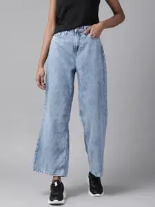 The Roadster Lifestyle Co Women Blue Pure Cotton Wide Leg High-Rise Stretchable Cropped Jeans