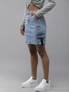 The Roadster Lifestyle Co Women Light Blue Denim Straight Skirt With Buckle Clips