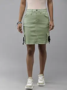 The Roadster Lifestyle Co Women Mint Green Denim Straight Skirt With Buckle Clips