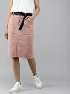 Roadster Women Dusty Pink Straight High Rise Denim Skirt