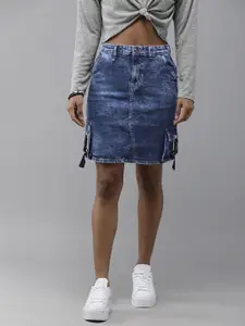 The Roadster Lifestyle Co Women Blue Denim Straight Skirt With Buckle Clips