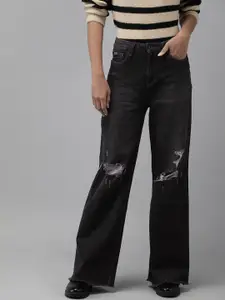 The Roadster Lifestyle Co Women Black Wide Leg High-Rise Highly Distressed Stretchable Jeans