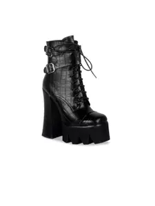 London Rag Women Black Textured High-Top Block Heeled Boots